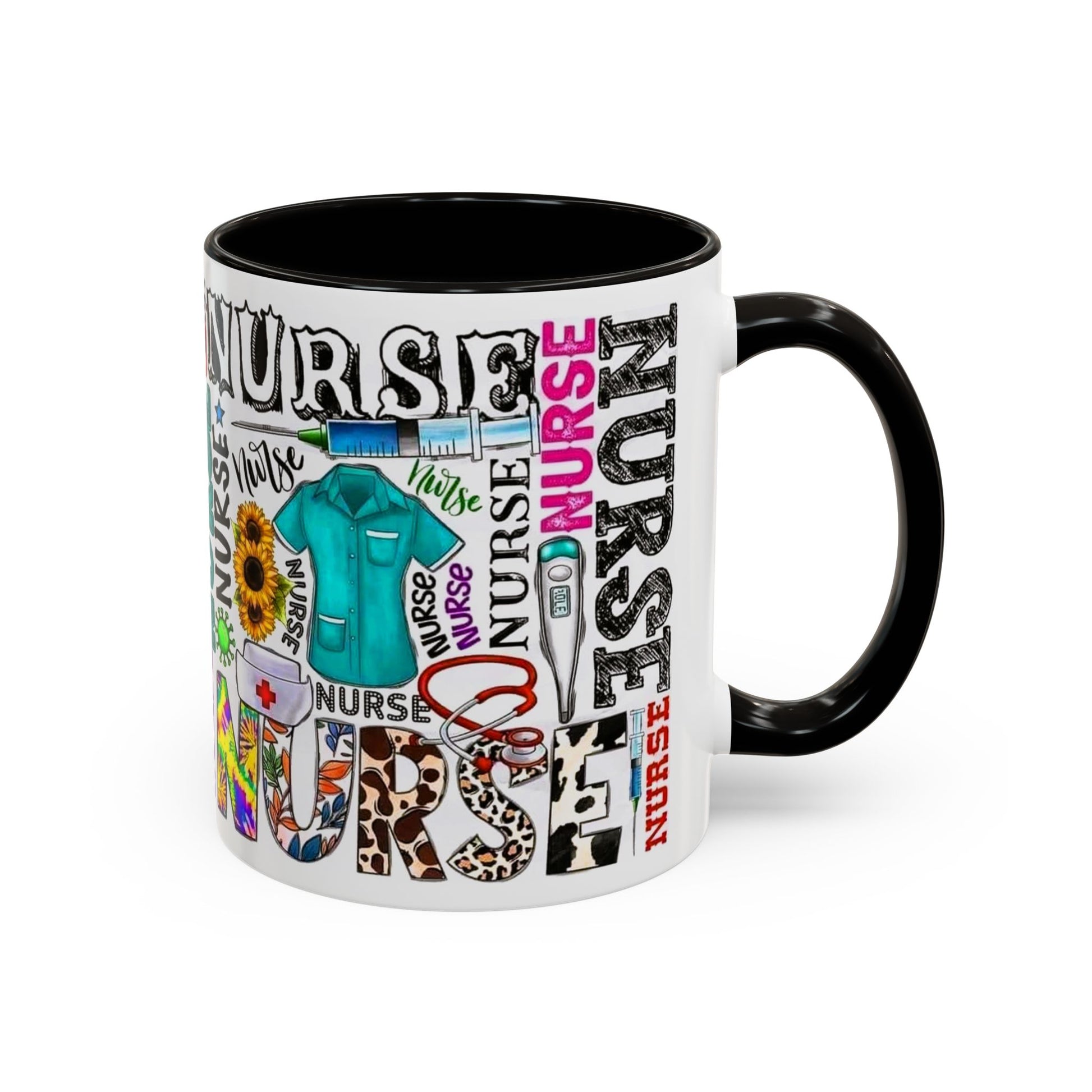Colorful nurse coffee mug held by hands, ideal gift for nurse appreciation or nursing students.