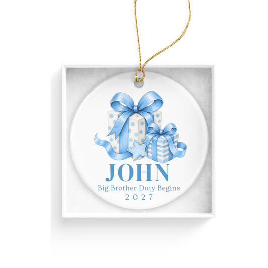 DESIGN E - Big Brother Duty Begins Blue Gifts personalized ceramic Christmas ornament design