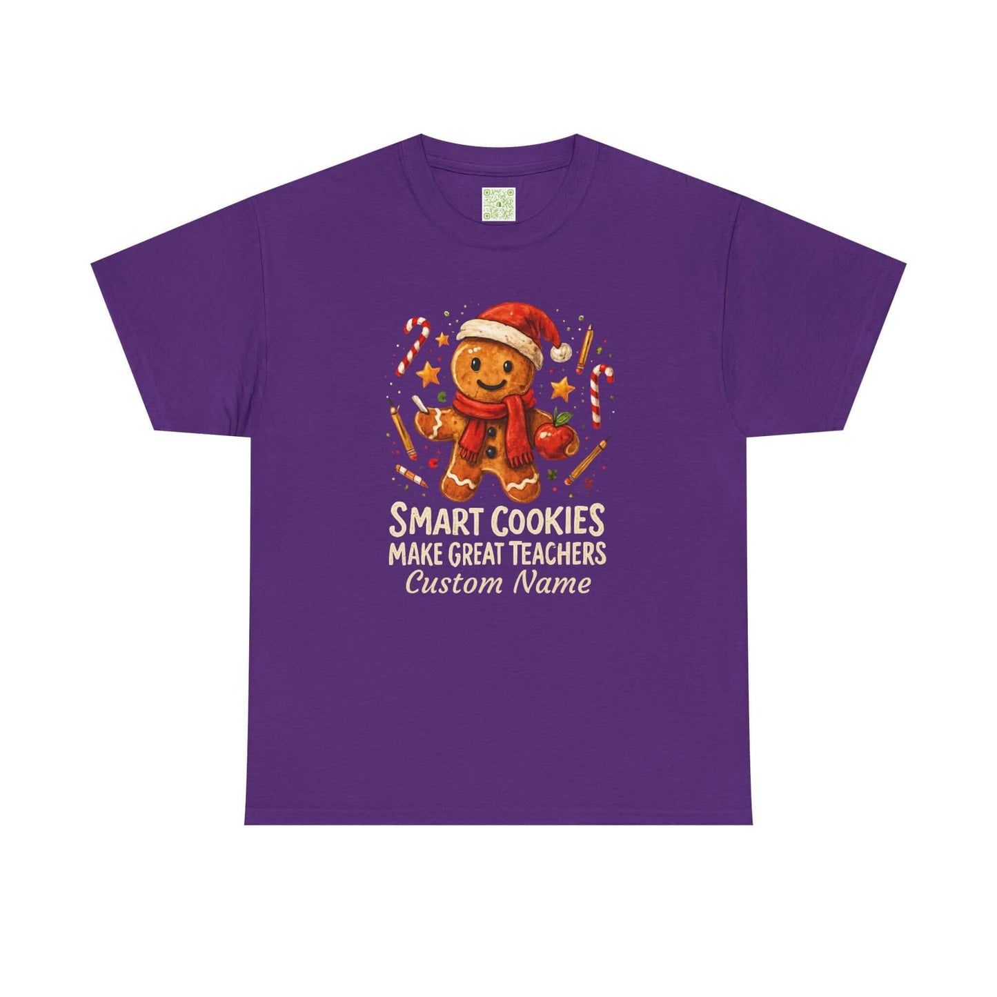 Gingerbread teacher holiday shirt with the phrase 'Smart Cookies Make Great Teachers' and festive decorations.