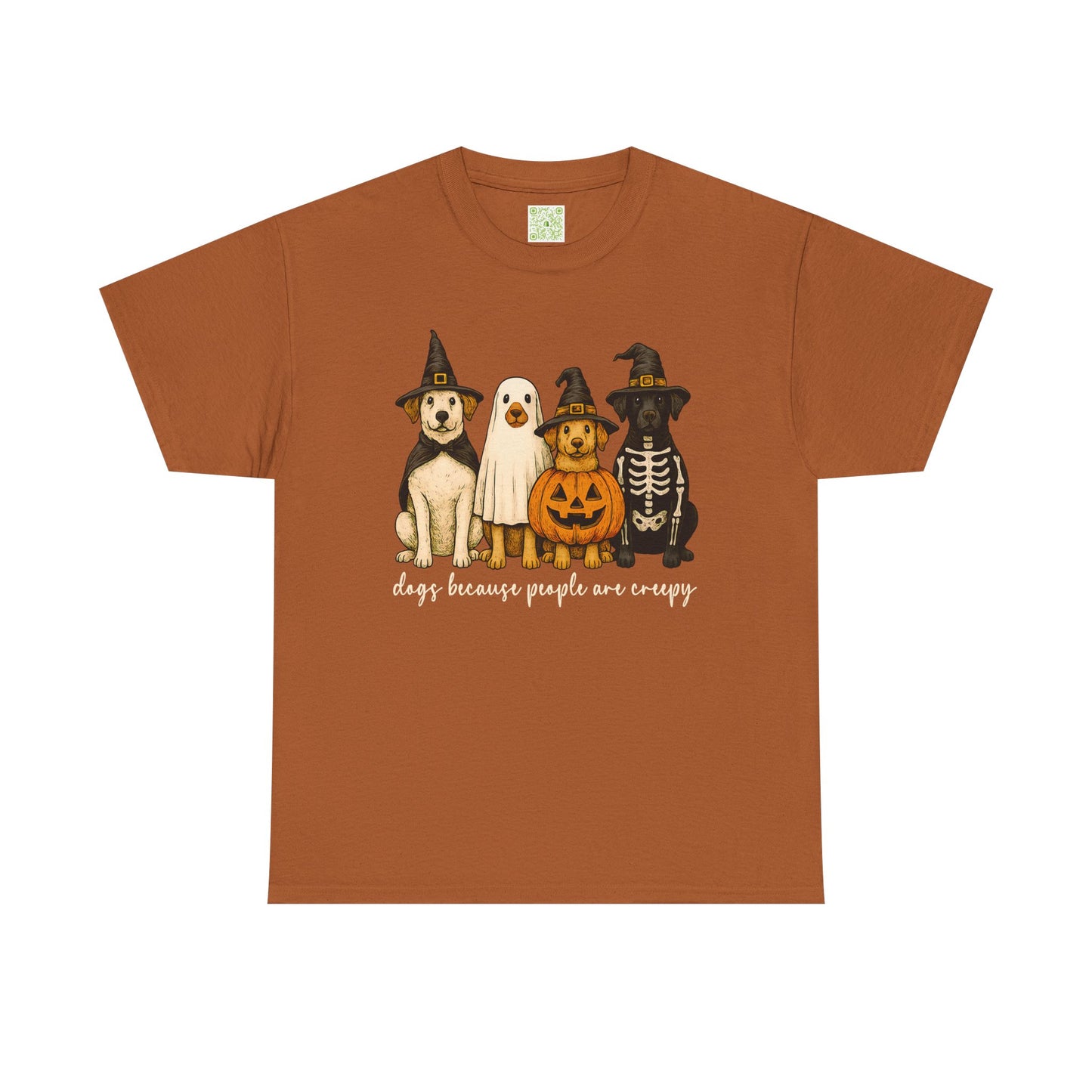 Woman wearing a maroon Halloween Dog Lovers Tee with a ghost, pumpkin, and dogs graphic.