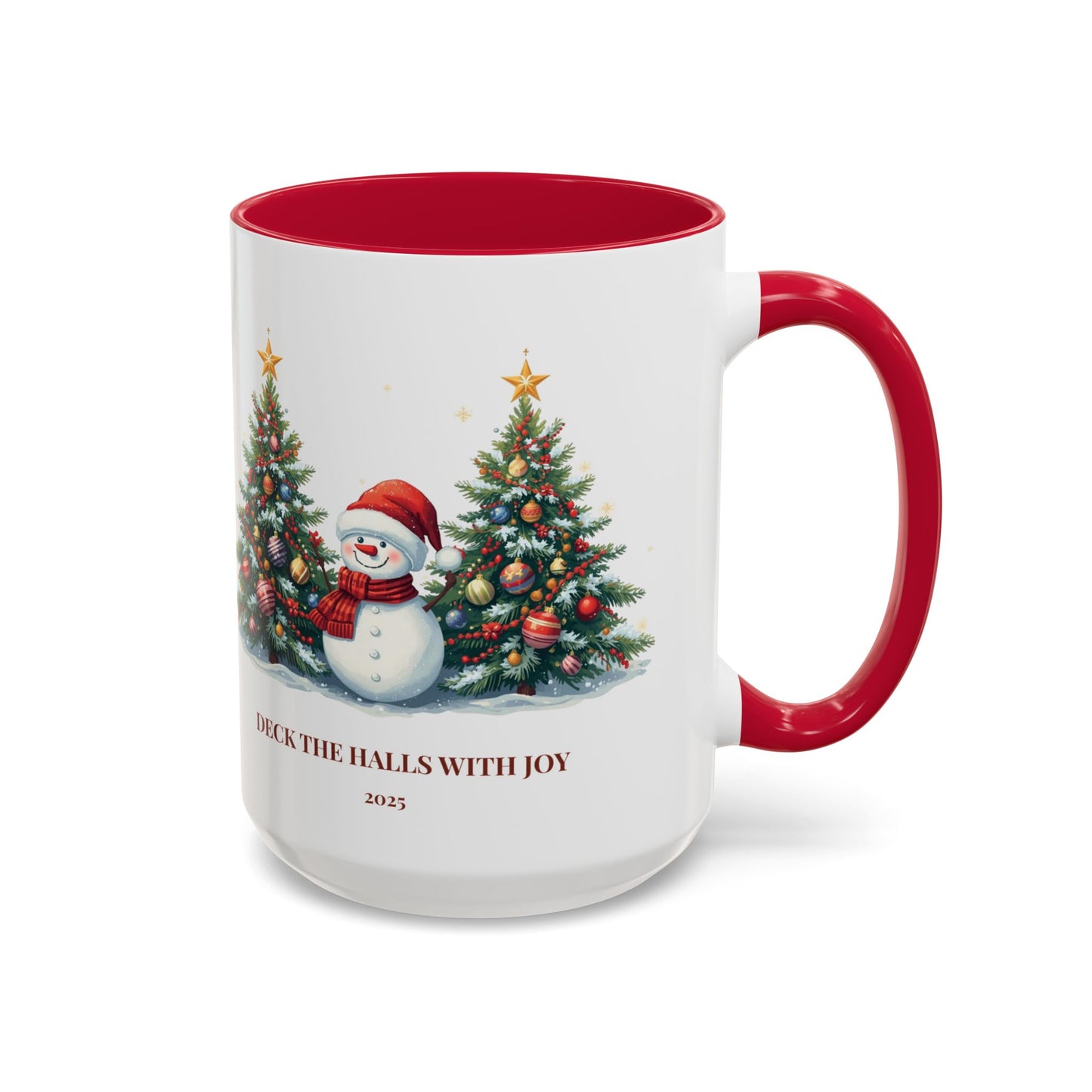 Christmas snowman mug with festive tree design, perfect for holiday drinks and cozy moments.
