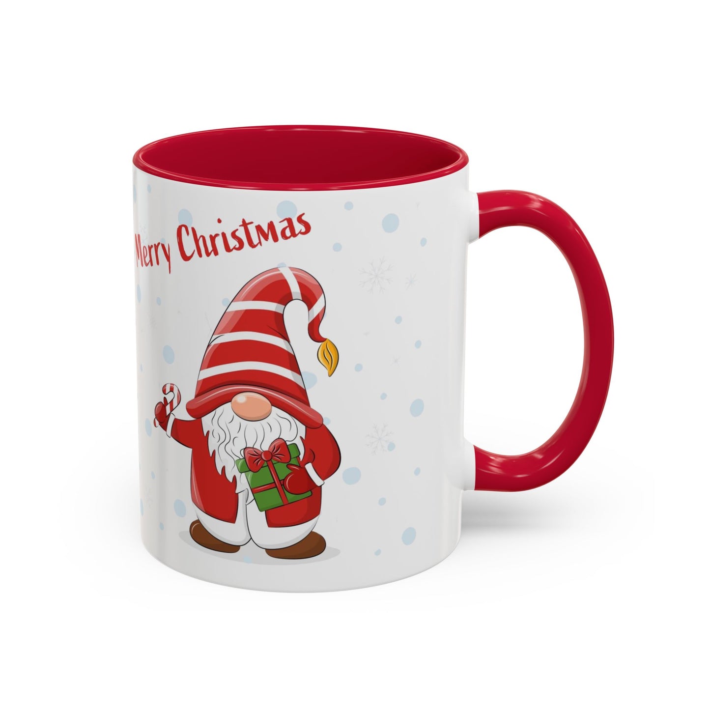 Merry Christmas gnome mug with candy cane and gift design, perfect for holiday beverages.
