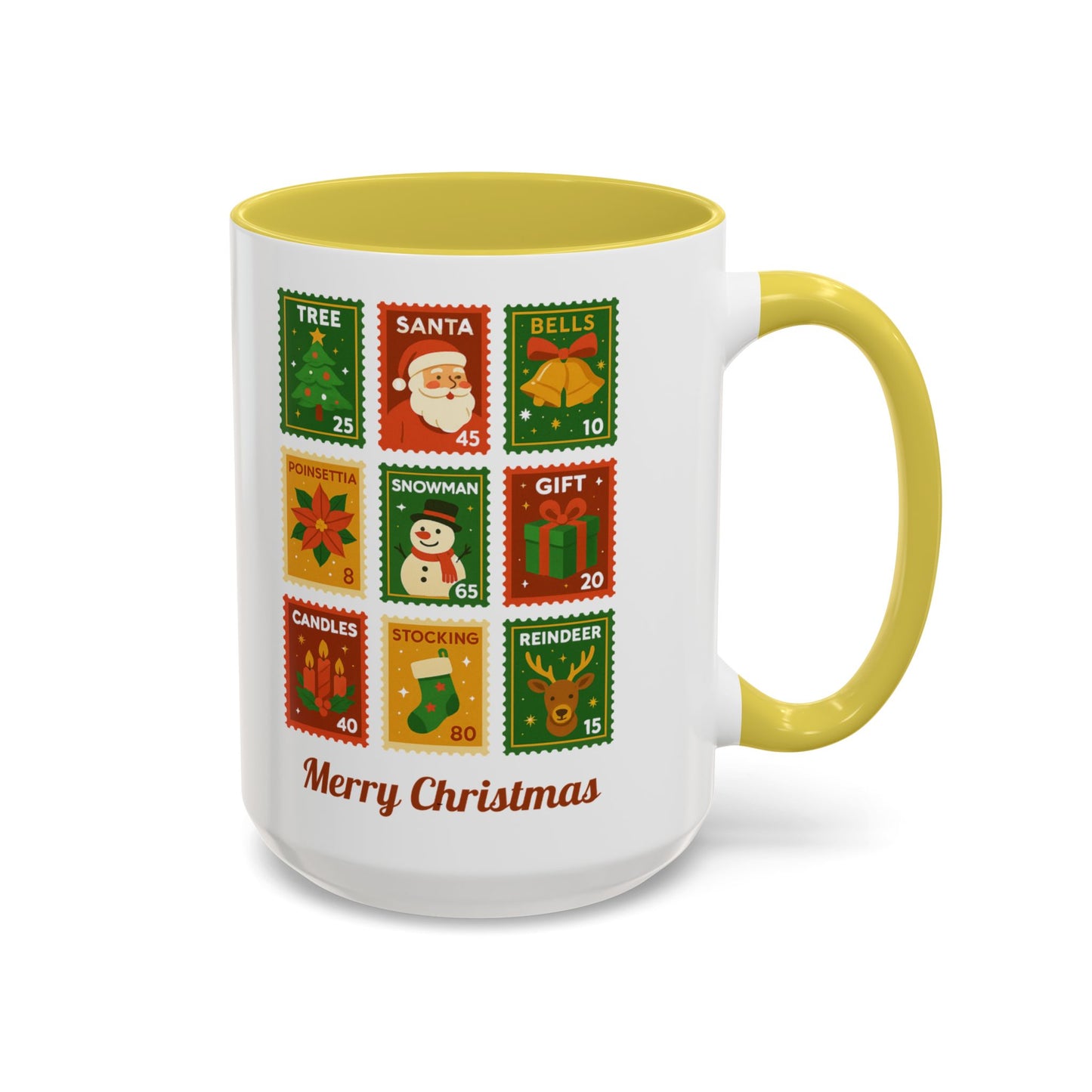 Colorful Holiday Stamp Mug, Festive Mug, Hot Cocoa Mug, Gift for Her, Secret Santa Gift, Stamp Collector, Christmas Mug