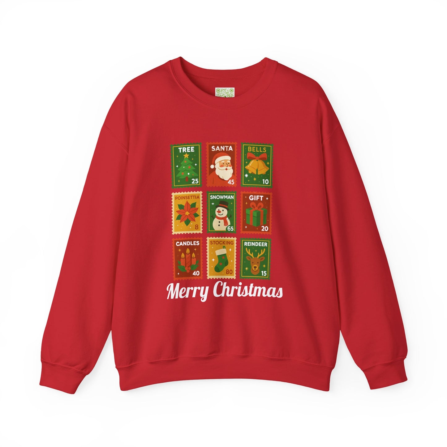 Postage stamp Christmas sweater in forest green featuring holiday designs and 'Merry Christmas' text