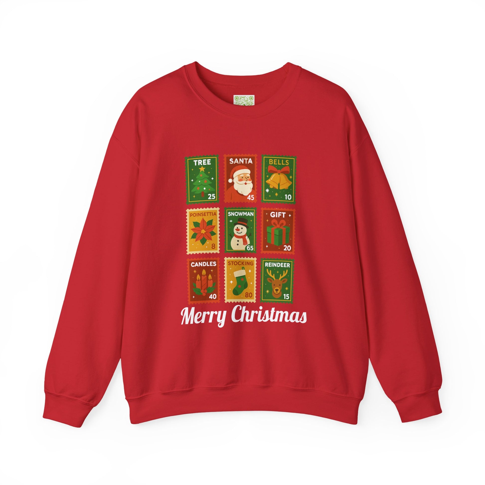 Postage stamp Christmas sweater in forest green featuring holiday designs and 'Merry Christmas' text