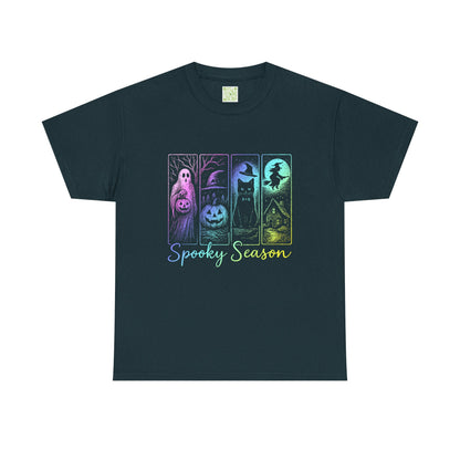 Halloween pumpkin shirt featuring spooky designs and vibrant colors, perfect for fall and celebrating the spooky season.