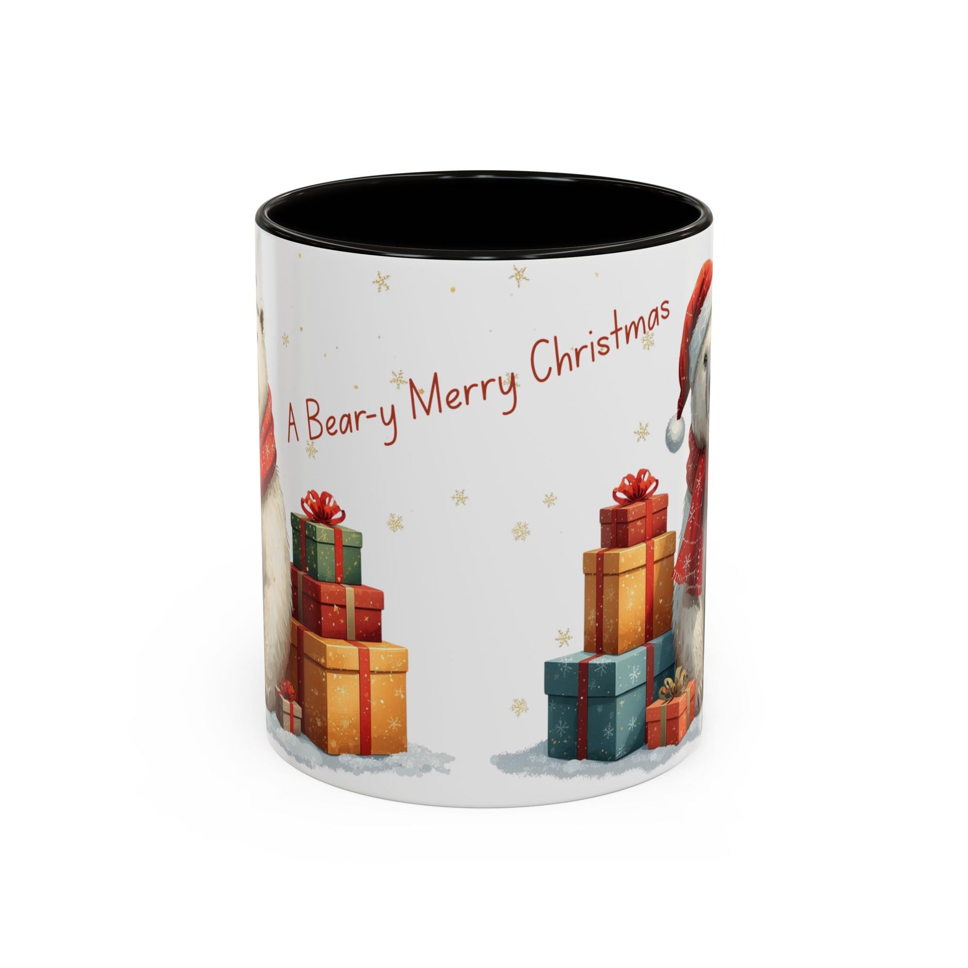Cute Polar Bear Christmas mug with a red scarf and Santa hat, surrounded by colorful gift boxes.