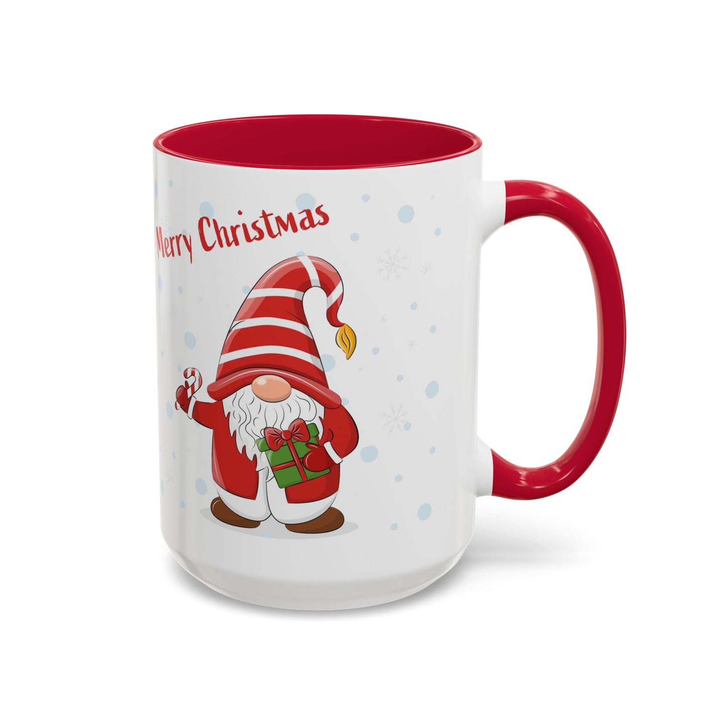 Merry Christmas gnome mug with candy cane and gift design, perfect for holiday beverages.