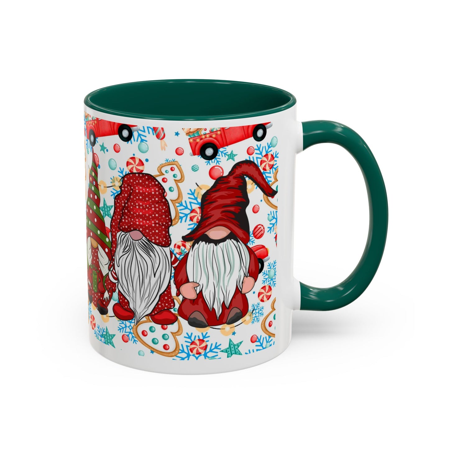 Festive Christmas gnome coffee mug with gingerbread design and snowflakes, perfect for holiday enjoyment.