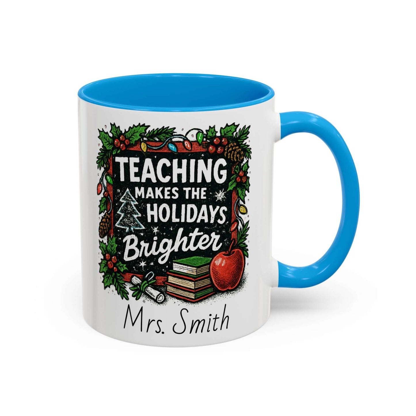 Personalized teacher holiday mug with festive design, marshmallows, and candy cane for a joyful gift.