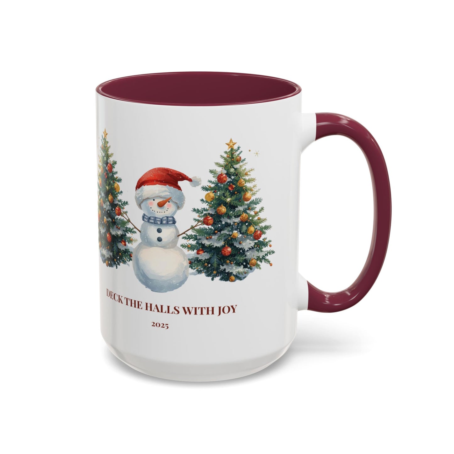 Festive snowman coffee mug featuring cheerful Christmas trees and a joyful holiday design.