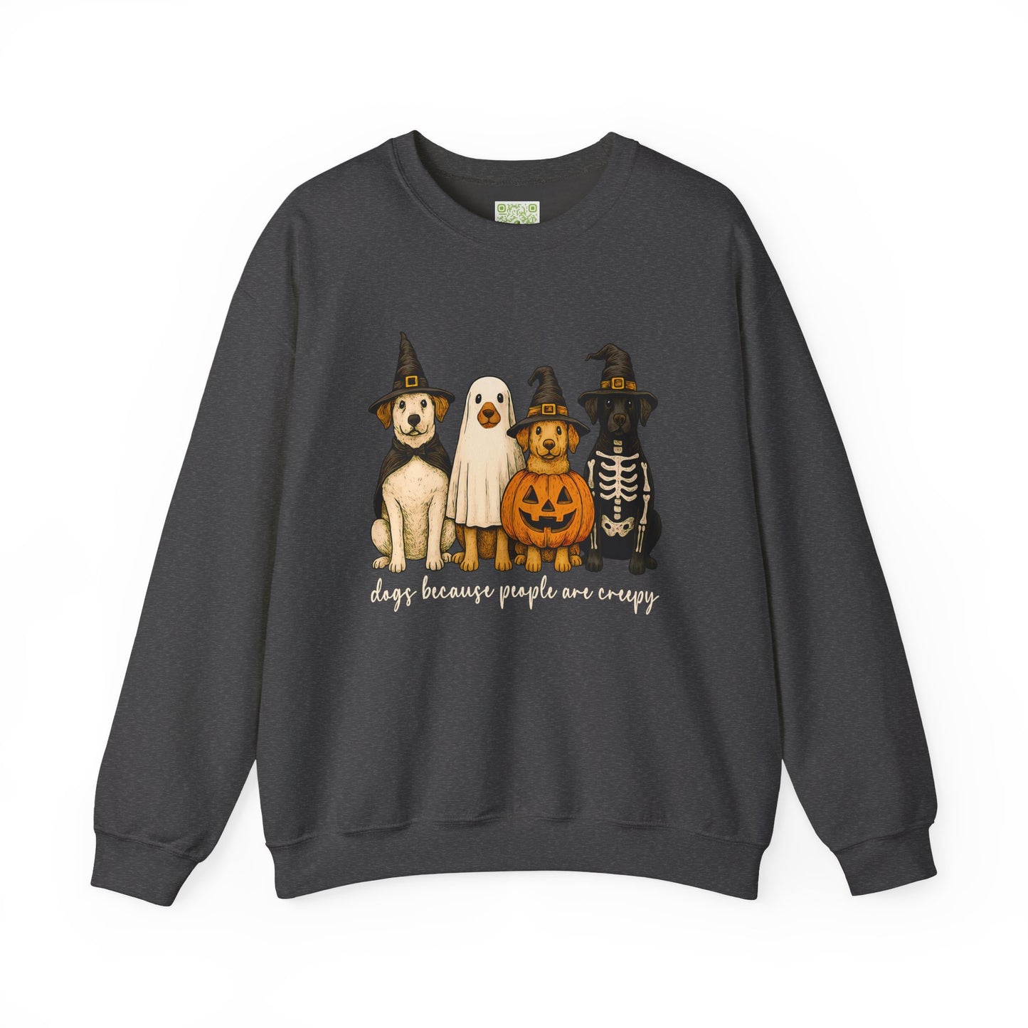 sweatshirt featuring cute dogs in Halloween costumes with text 'dogs because people are creepy'.