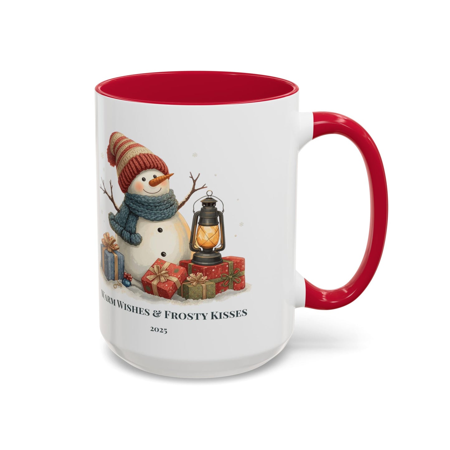 Snowman coffee mug with warm wishes and frosty kisses message, featuring a cheerful snowman and lantern design.