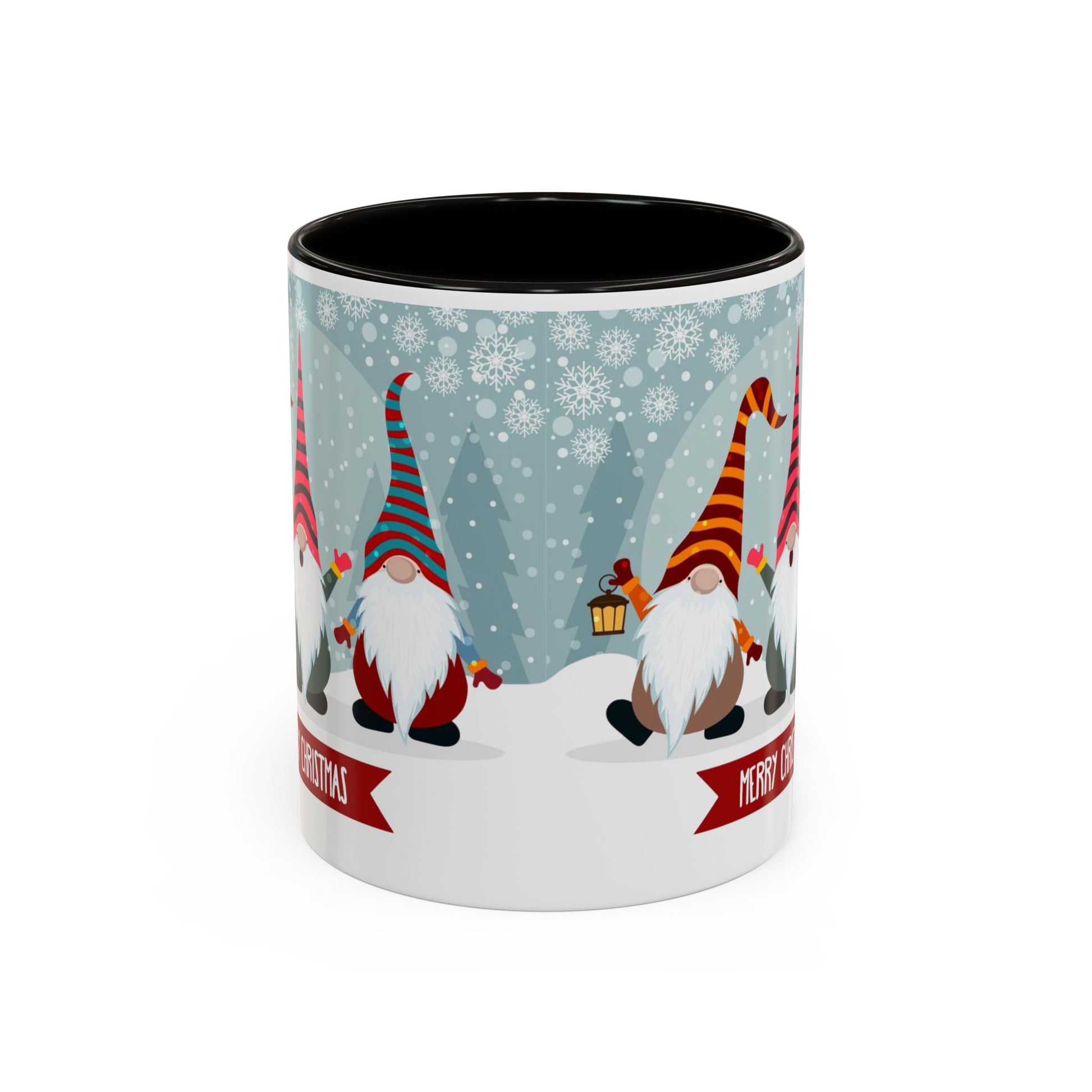 Merry Christmas gnome mug featuring colorful gnomes in festive hats, perfect for holiday coffee.