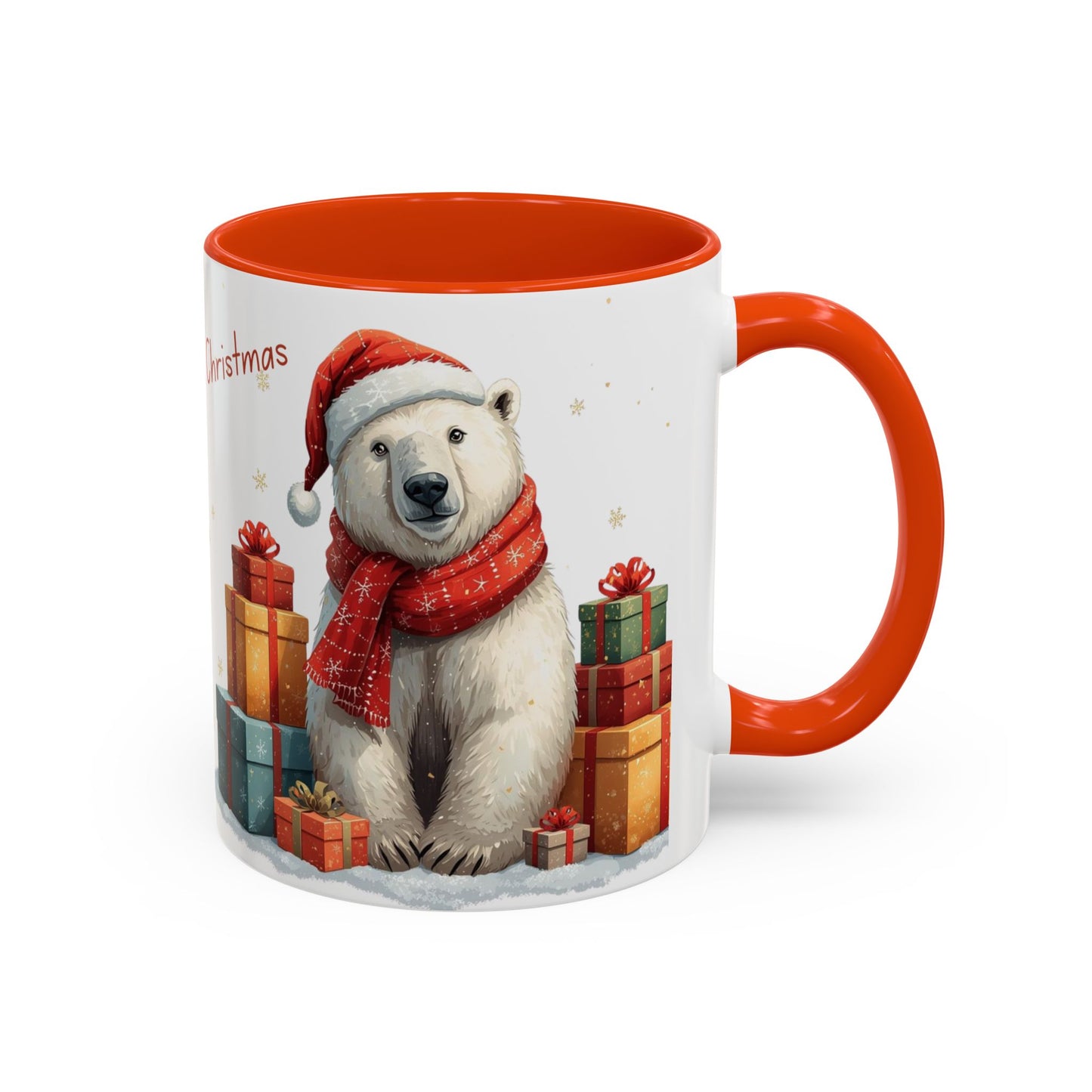 Cute Polar Bear Christmas mug with a red scarf and Santa hat, surrounded by colorful gift boxes.
