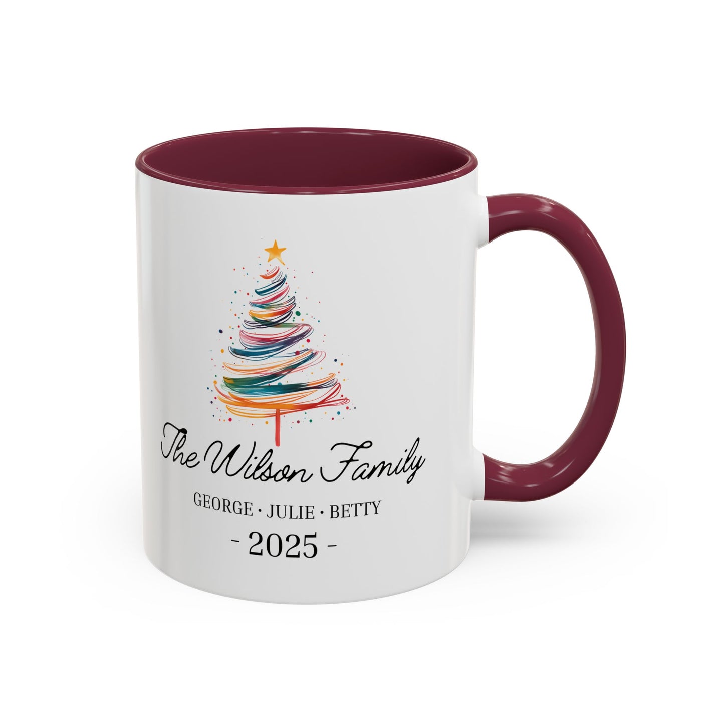Personalized Family Christmas Mug, Custom Family Name Holiday Coffee Cup 2025, Colorful Christmas Tree Mug, Family Christmas Gift