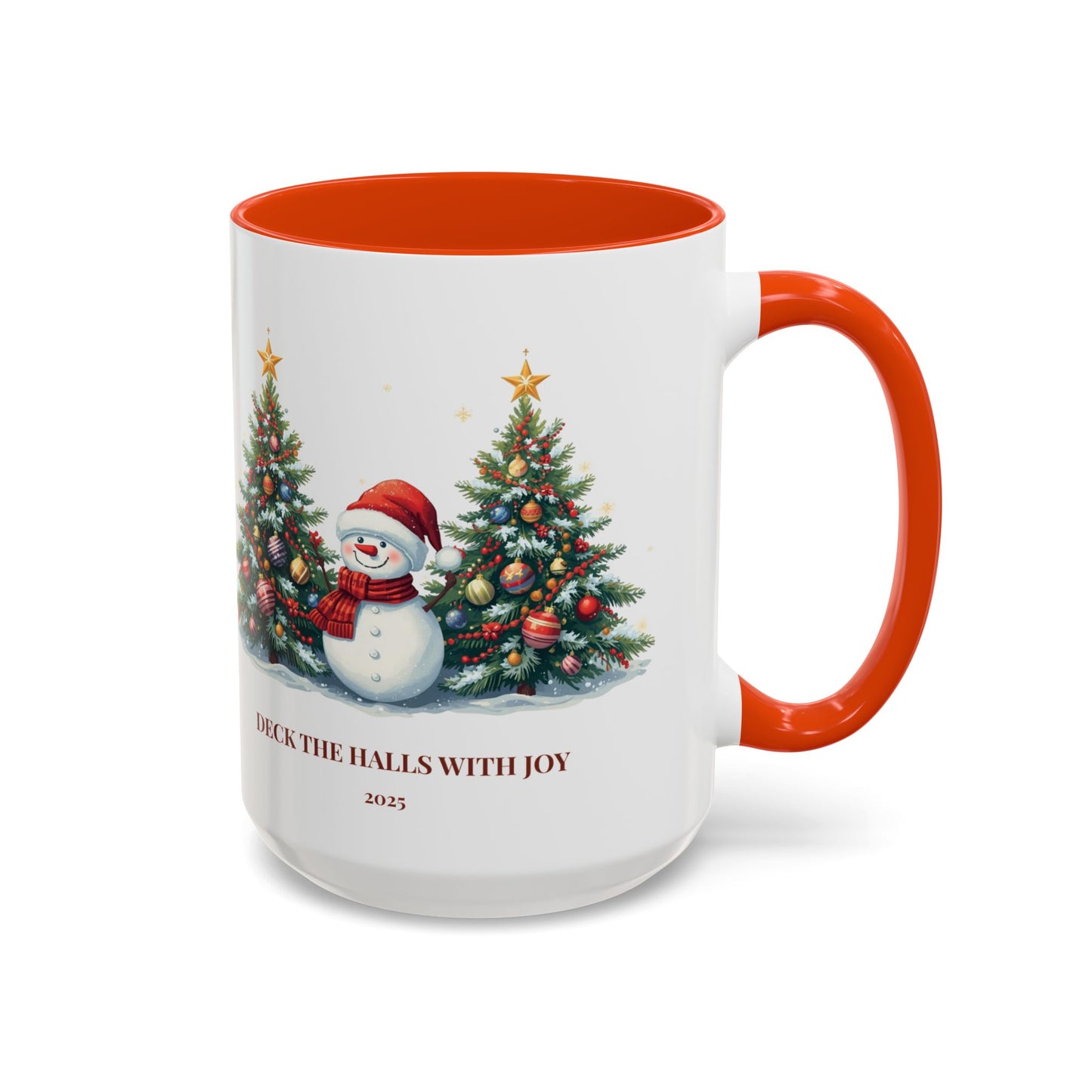 Christmas snowman mug with festive tree design, perfect for holiday drinks and cozy moments.