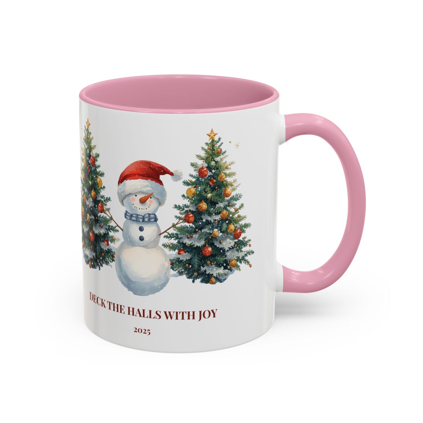 Festive snowman coffee mug featuring cheerful Christmas trees and a joyful holiday design.