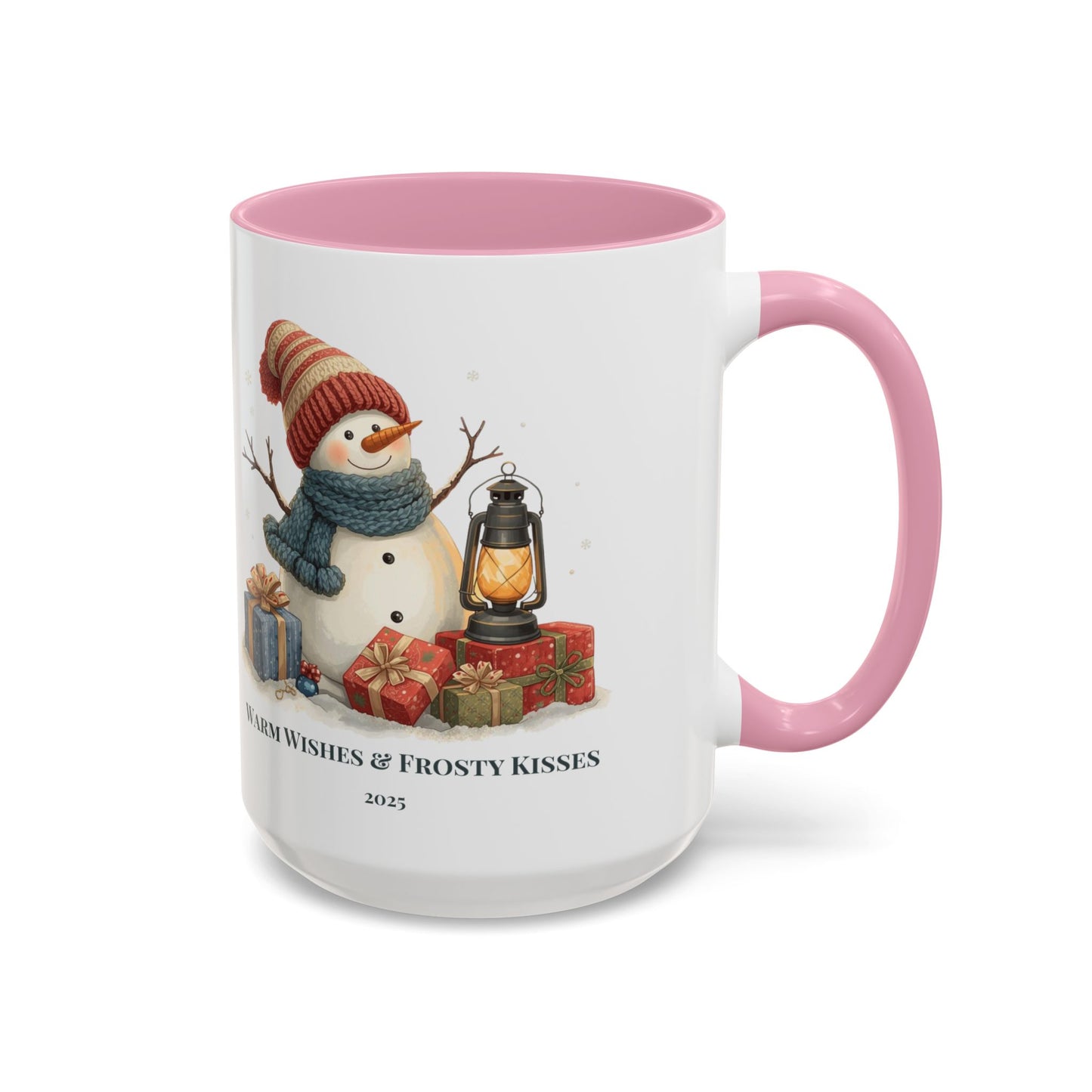 Snowman coffee mug with warm wishes and frosty kisses message, featuring a cheerful snowman and lantern design.
