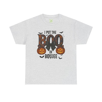 'Boo in Boujee' Halloween shirt in Texas Orange, showcasing a spooky graphic design and relaxed fit.