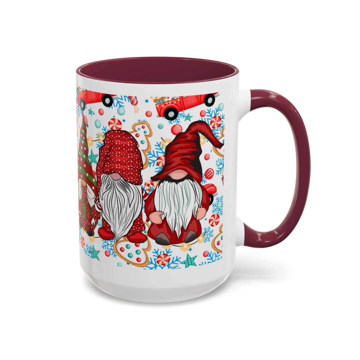 Festive Christmas gnome coffee mug with gingerbread design and snowflakes, perfect for holiday enjoyment.