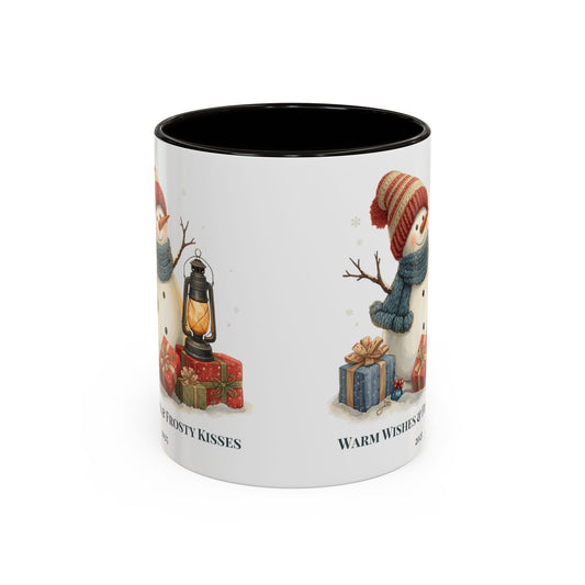 Snowman coffee mug with warm wishes and frosty kisses message, featuring a cheerful snowman and lantern design.