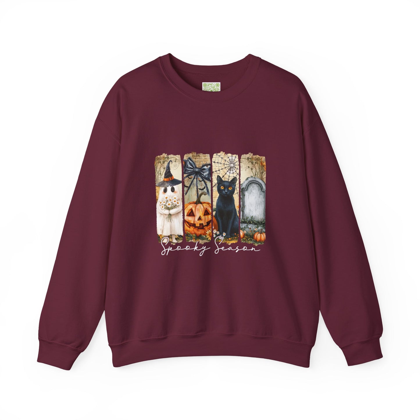 Spooky Season Crewneck Sweatshirt in burgundy featuring Halloween designs with a cat, pumpkin, and decorative elements.