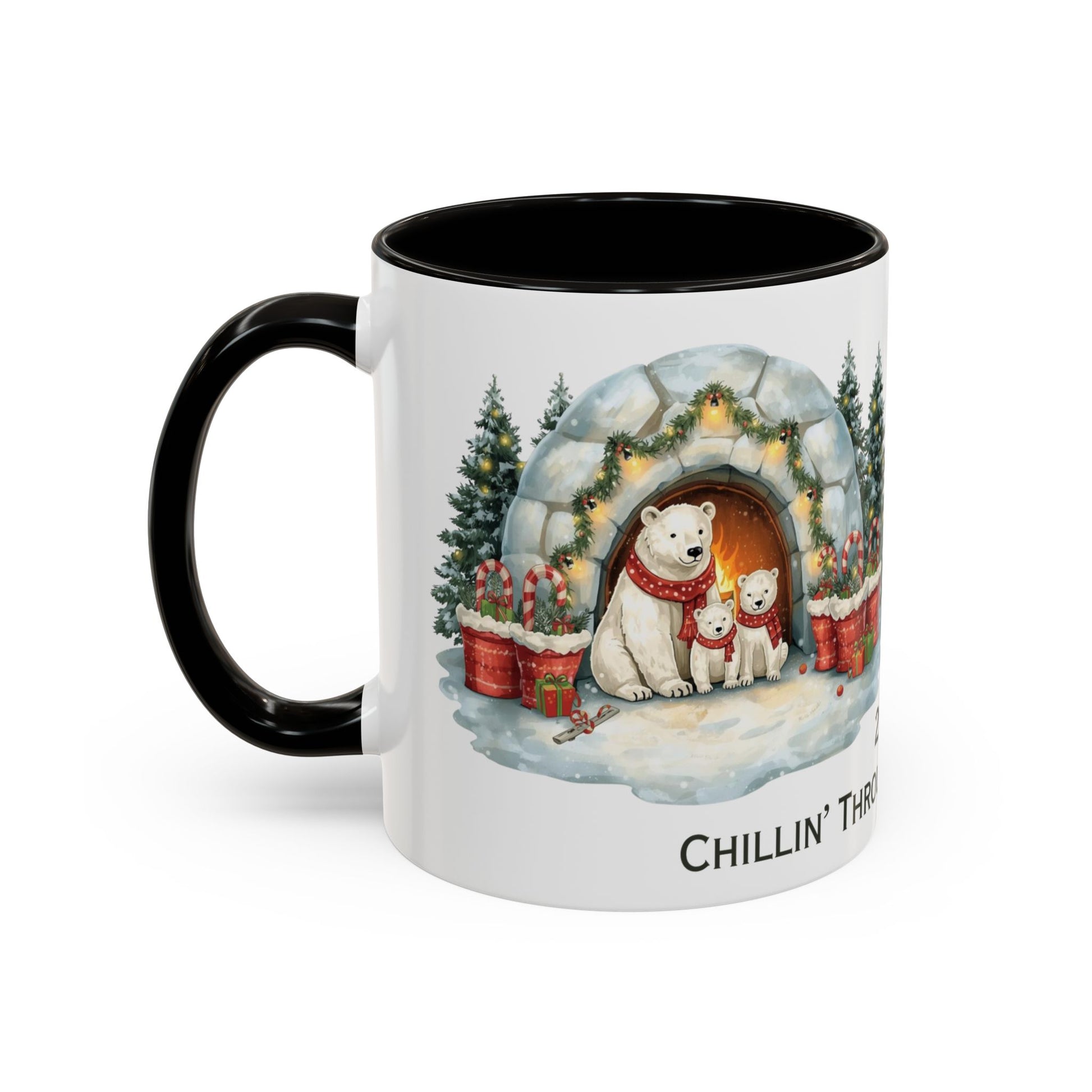 Polar Bear Christmas Mug featuring an igloo family scene with trees and holiday decorations.