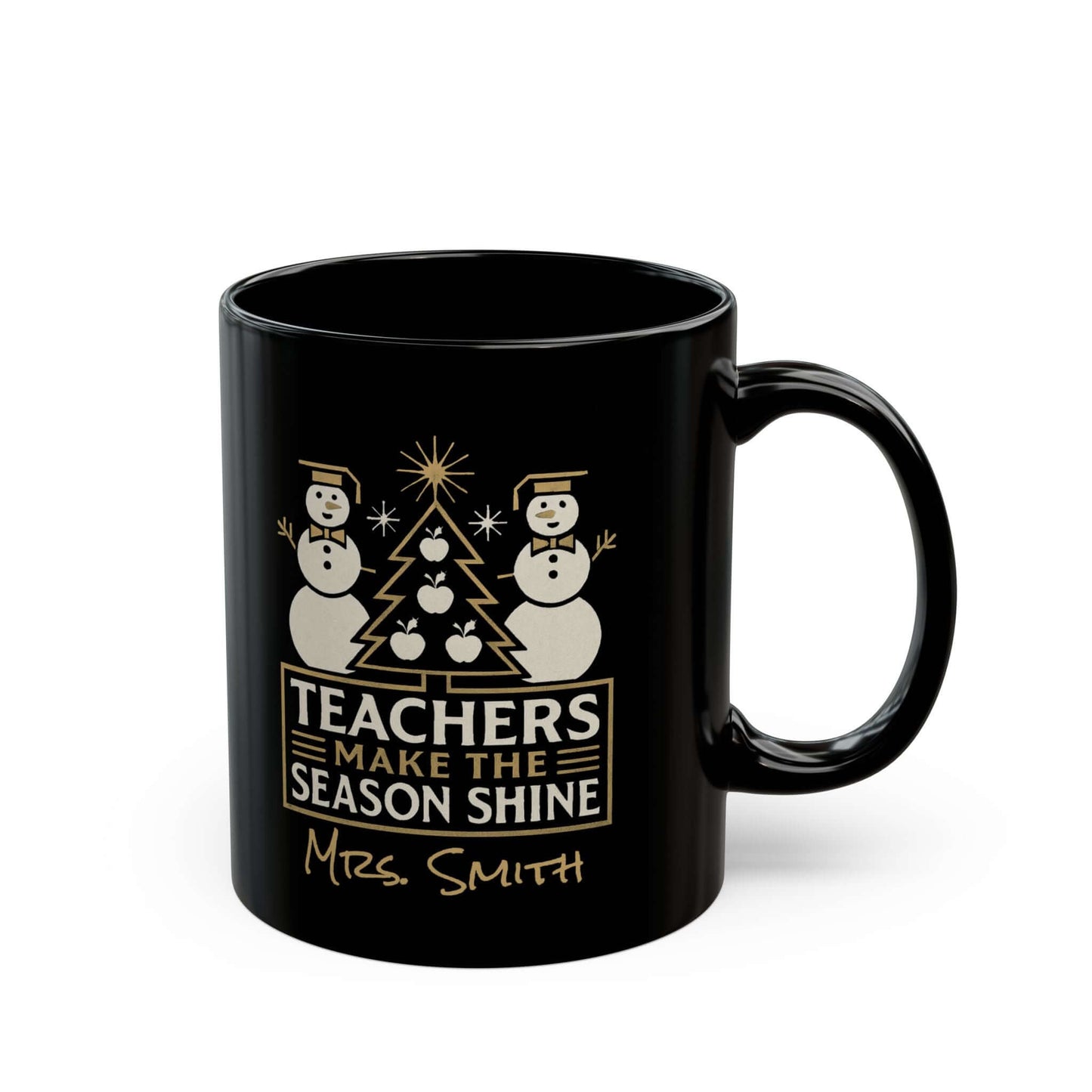 Personalized Teacher Holiday Mug with snowmen and festive design, perfect gift for educators this Christmas.