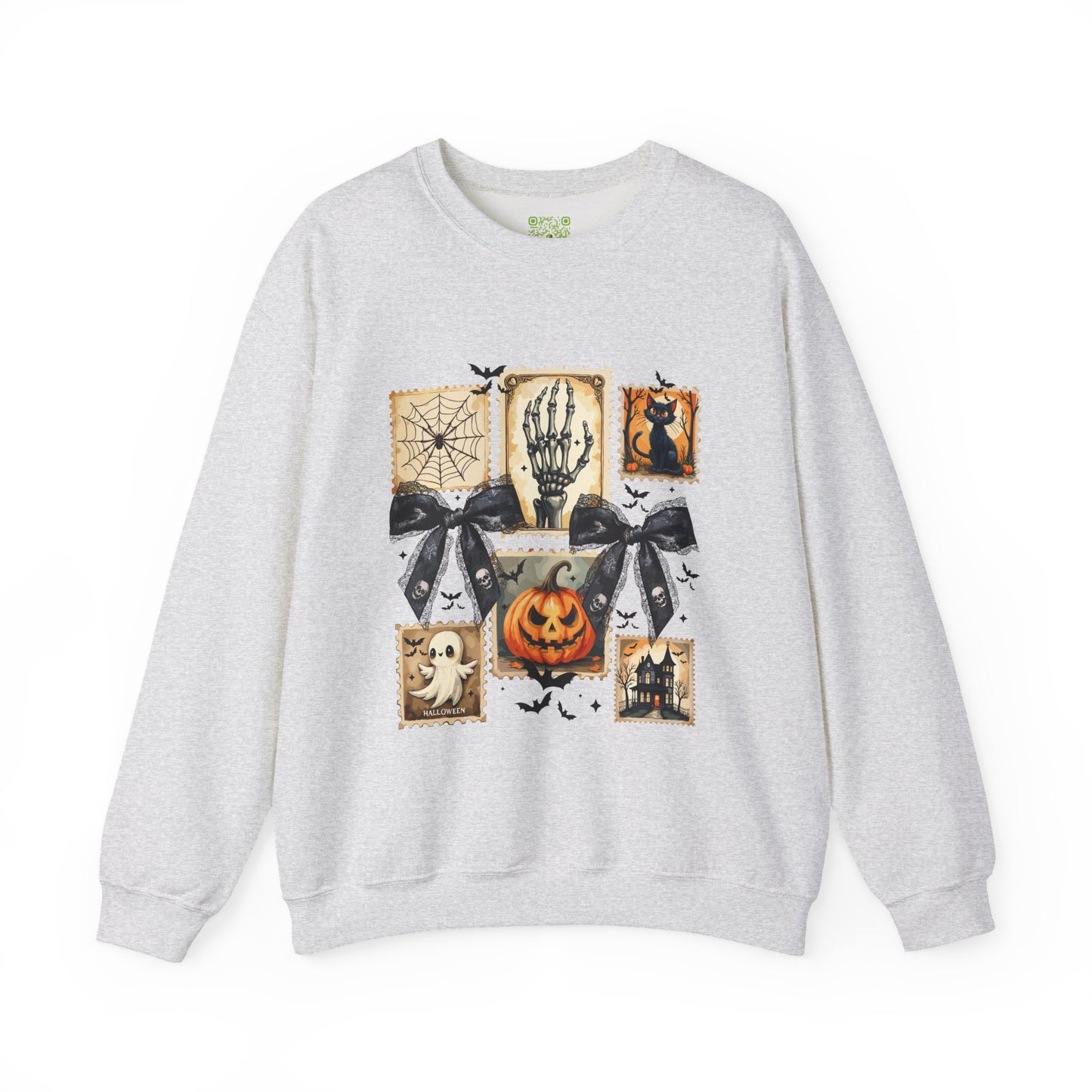 Halloween themed sweatshirt featuring a skeleton, pumpkin, cats, and spooky decorations for festive fall style.