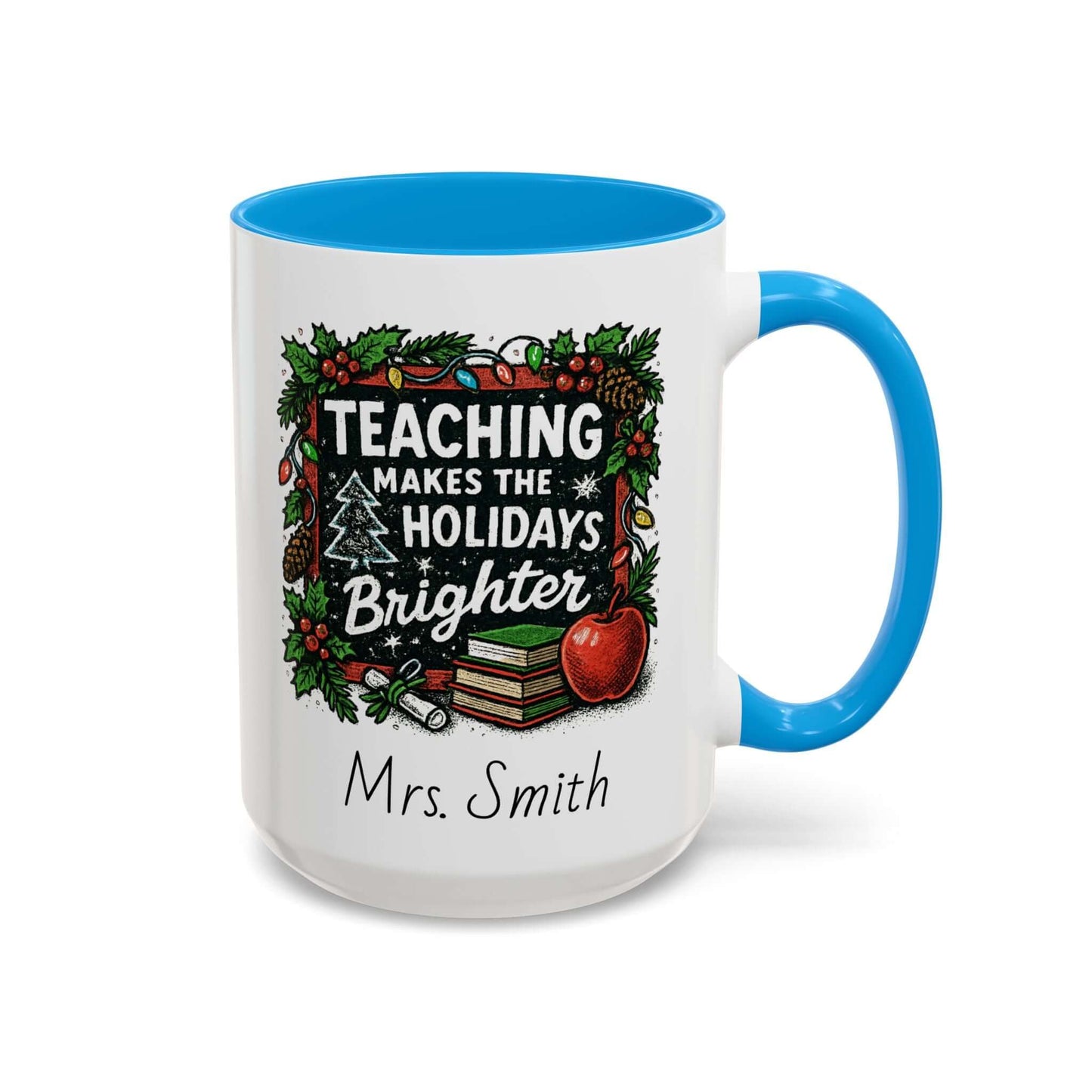 Personalized teacher holiday mug with festive design, marshmallows, and candy cane for a joyful gift.