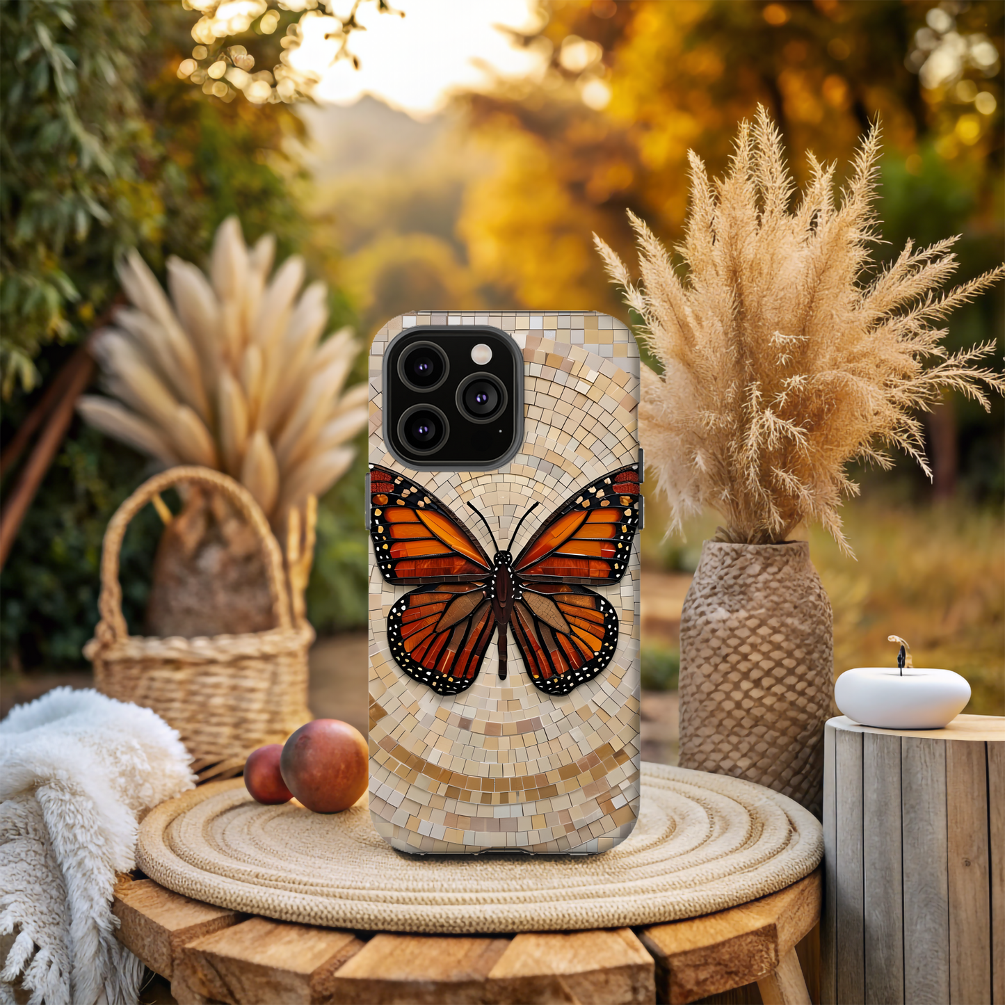 Monarch Butterfly Mosaic iPhone Case, Orange Butterfly Case, Artistic Phone Cover, Trendy iPhone Case, Wireless Charging Cover