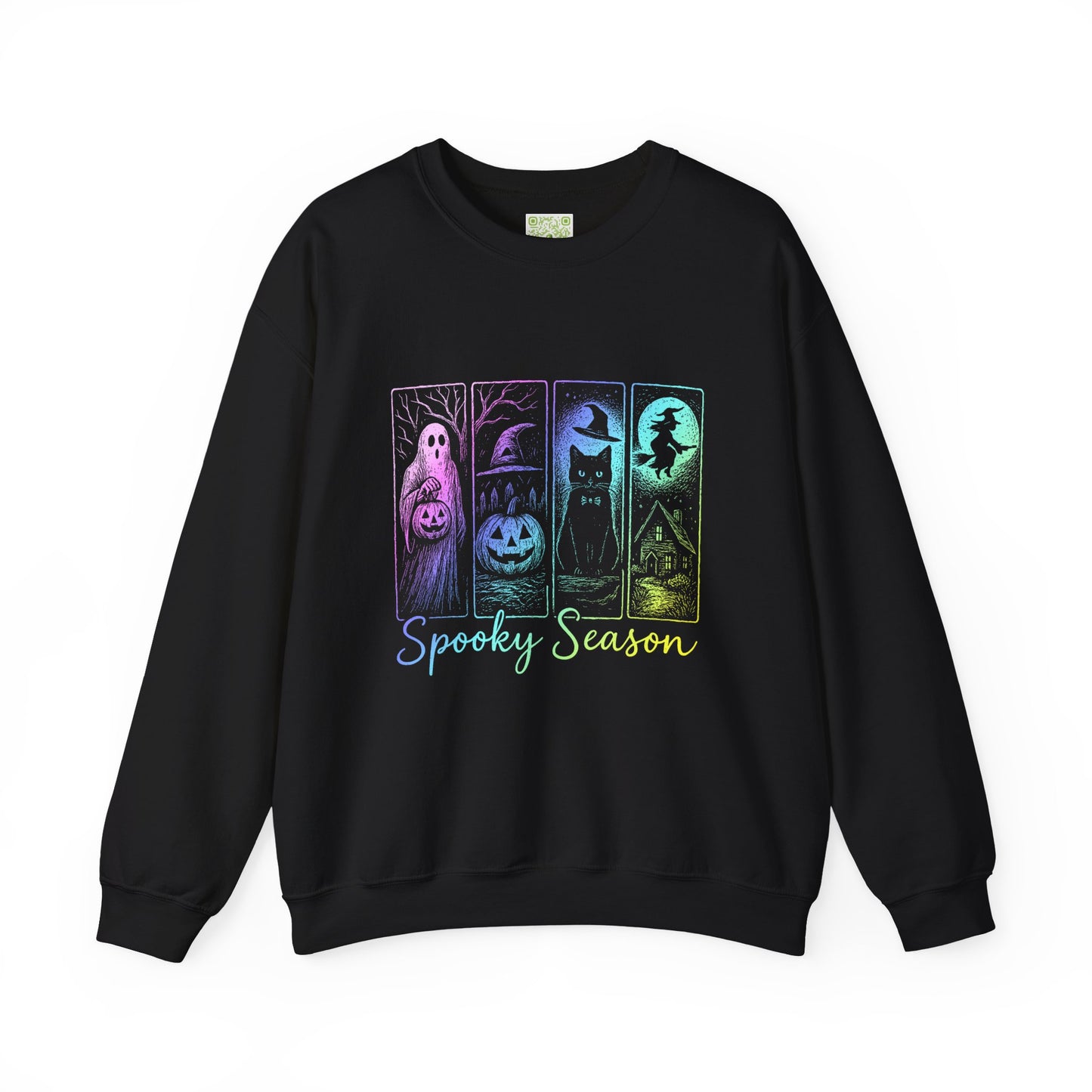 Spooky Season unisex sweatshirt featuring ghost, pumpkin, witch, and cat designs on a black background.