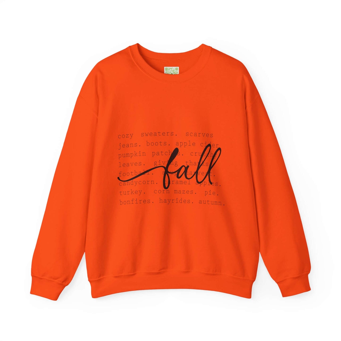 Cozy orange fall sweatshirt with autumn-themed text, perfect for sweater weather and fall lovers.
