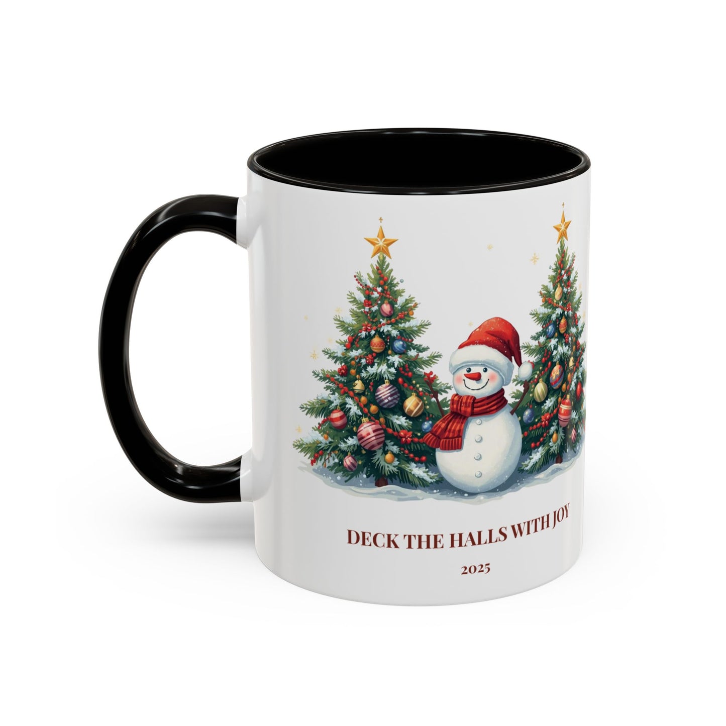 Christmas snowman mug with festive tree design, perfect for holiday drinks and cozy moments.