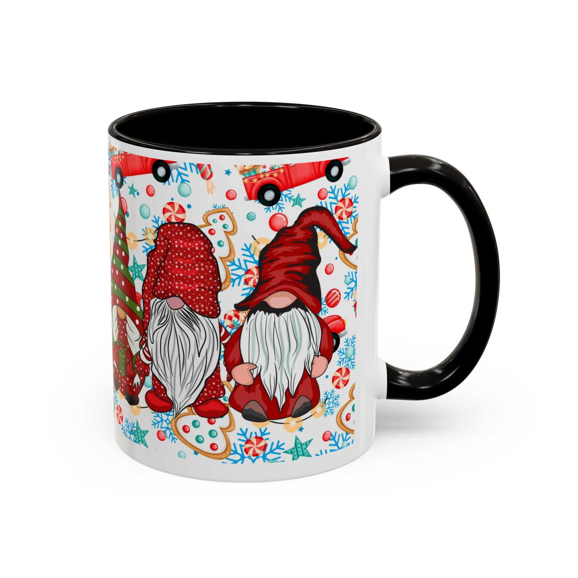 Festive Christmas gnome coffee mug with gingerbread design and snowflakes, perfect for holiday enjoyment.