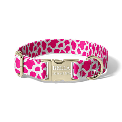 Personalized Pink Cow Print Dog Collar with Engraved Buckle, Adjustable Quick Release Collar for Girl Dogs and Puppies RET-615-01