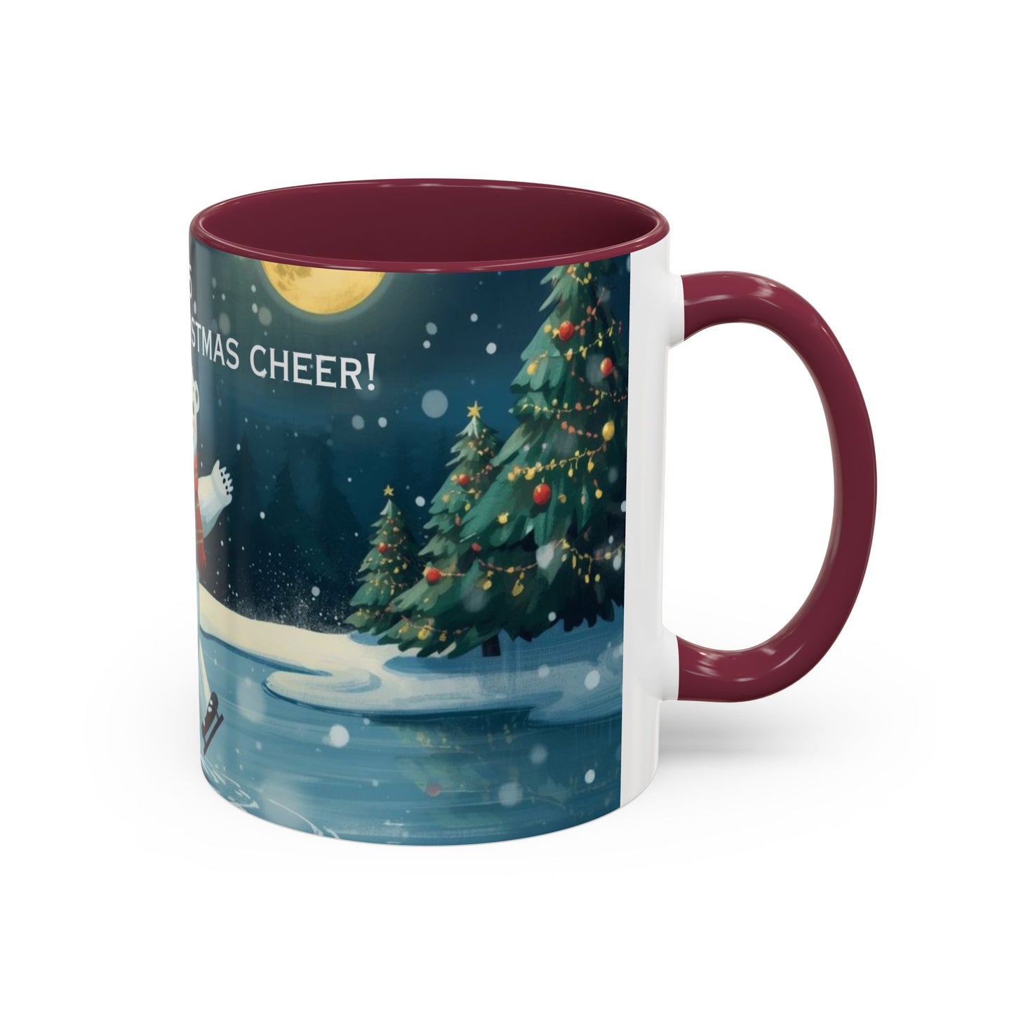 Polar Bear Christmas mug, decorated with festive trees and holiday scenes, perfect for warm drinks during the holidays.