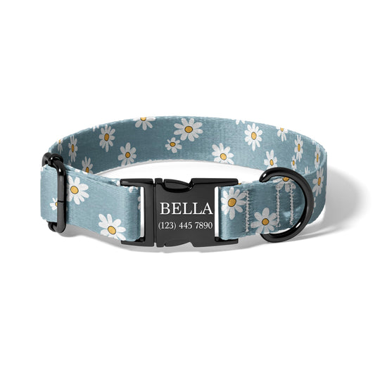 Blue Daisy Dog Collar Personalized Engraved Name Floral Adjustable Pet Collar Spring Style Name Buckle Galaxy Forest Adjustable Pet Collar RET-604-02