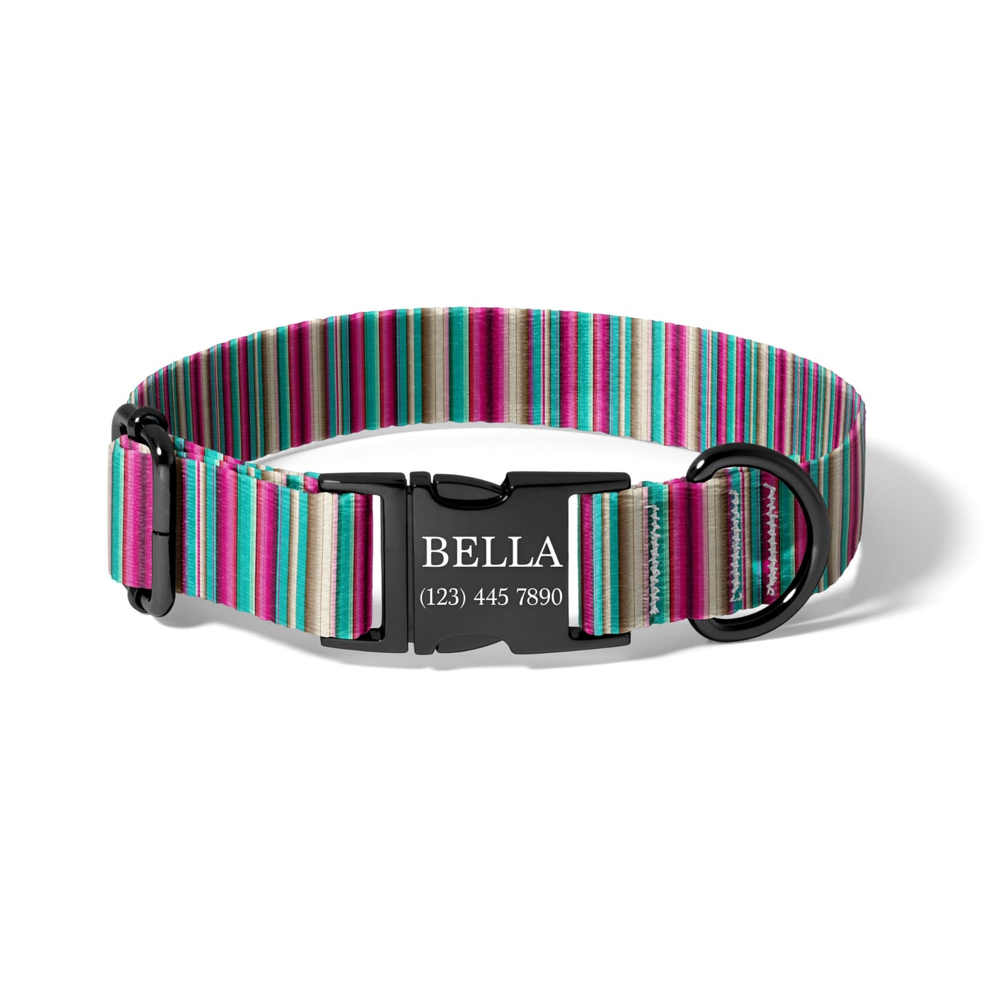 Personalized Pink Teal Dog Collar, Boho Serape Adjustable Pet Collar, Custom Engraved Buckle, Quick Release RET-610-05