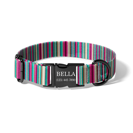 Personalized Pink Teal Dog Collar, Boho Serape Adjustable Pet Collar, Custom Engraved Buckle, Quick Release RET-610-05