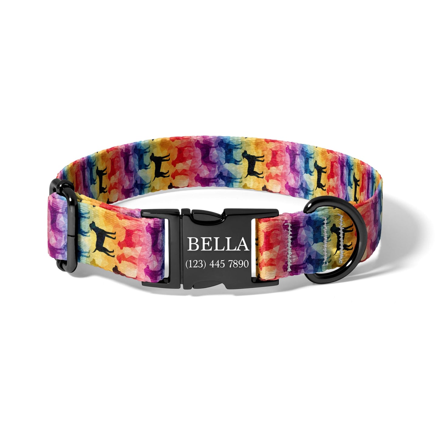 Rainbow Dog Collar Personalized Engraved Name Artistic Pet Collar Colorful Dog Silhouette Design RET-605-02
