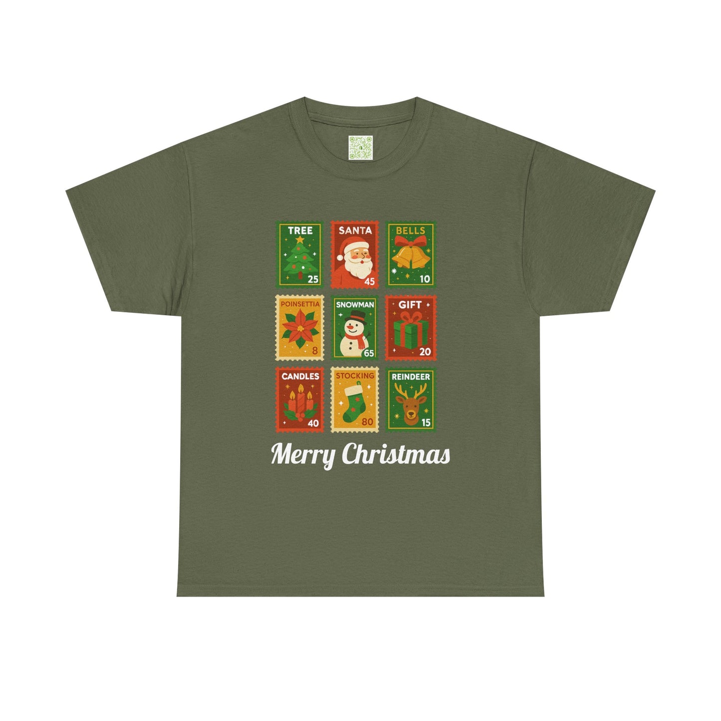 Christmas postage stamp shirt featuring festive designs and the text 'Merry Christmas'.