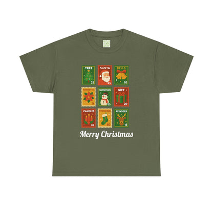 Christmas postage stamp shirt featuring festive designs and the text 'Merry Christmas'.