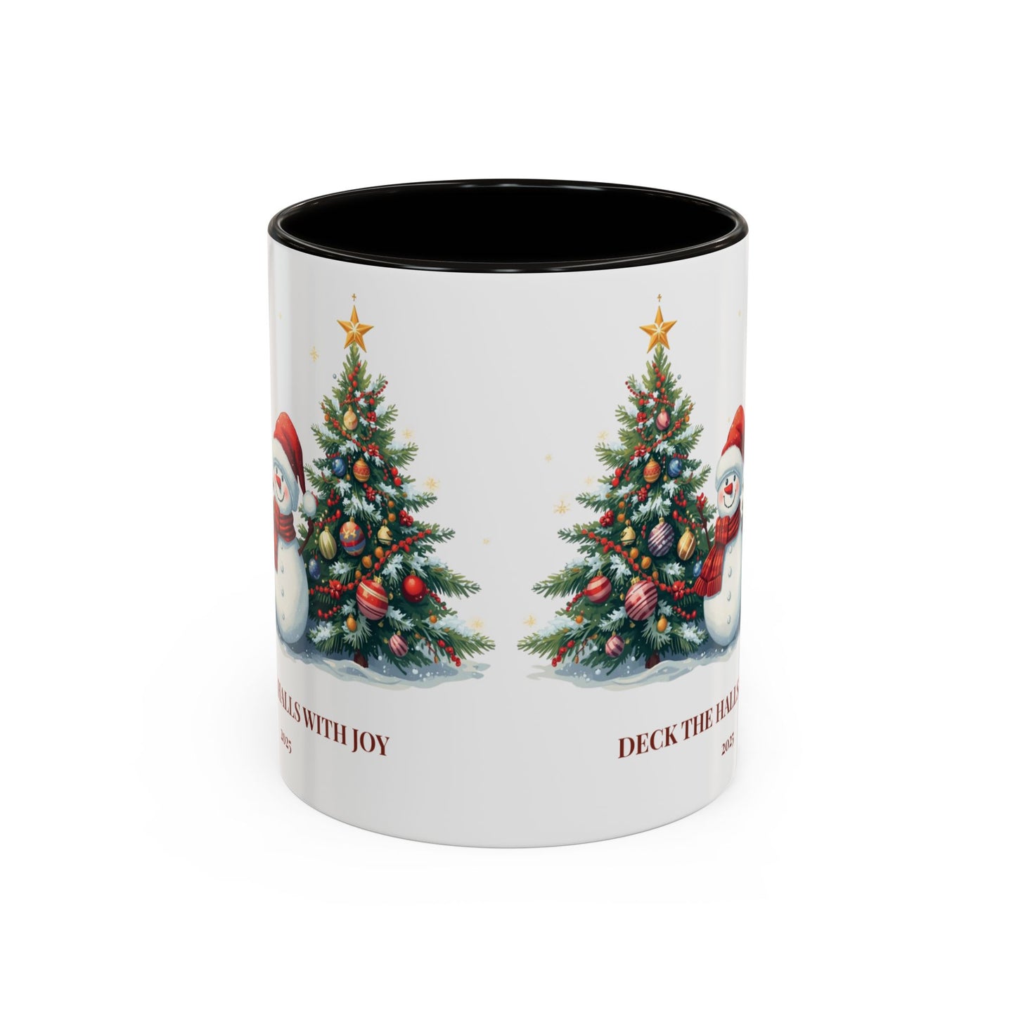 Christmas snowman mug with festive tree design, perfect for holiday drinks and cozy moments.