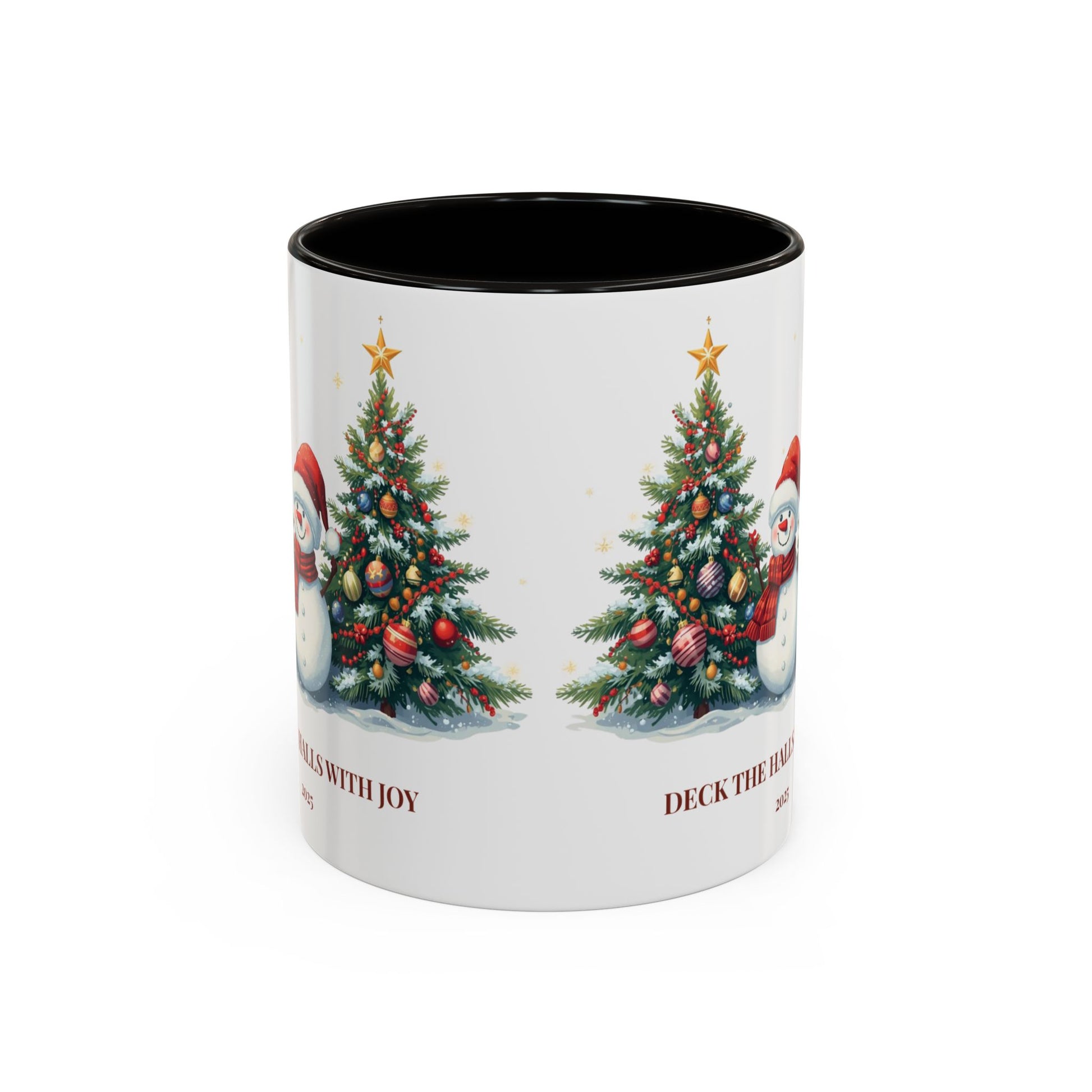Christmas snowman mug with festive tree design, perfect for holiday drinks and cozy moments.