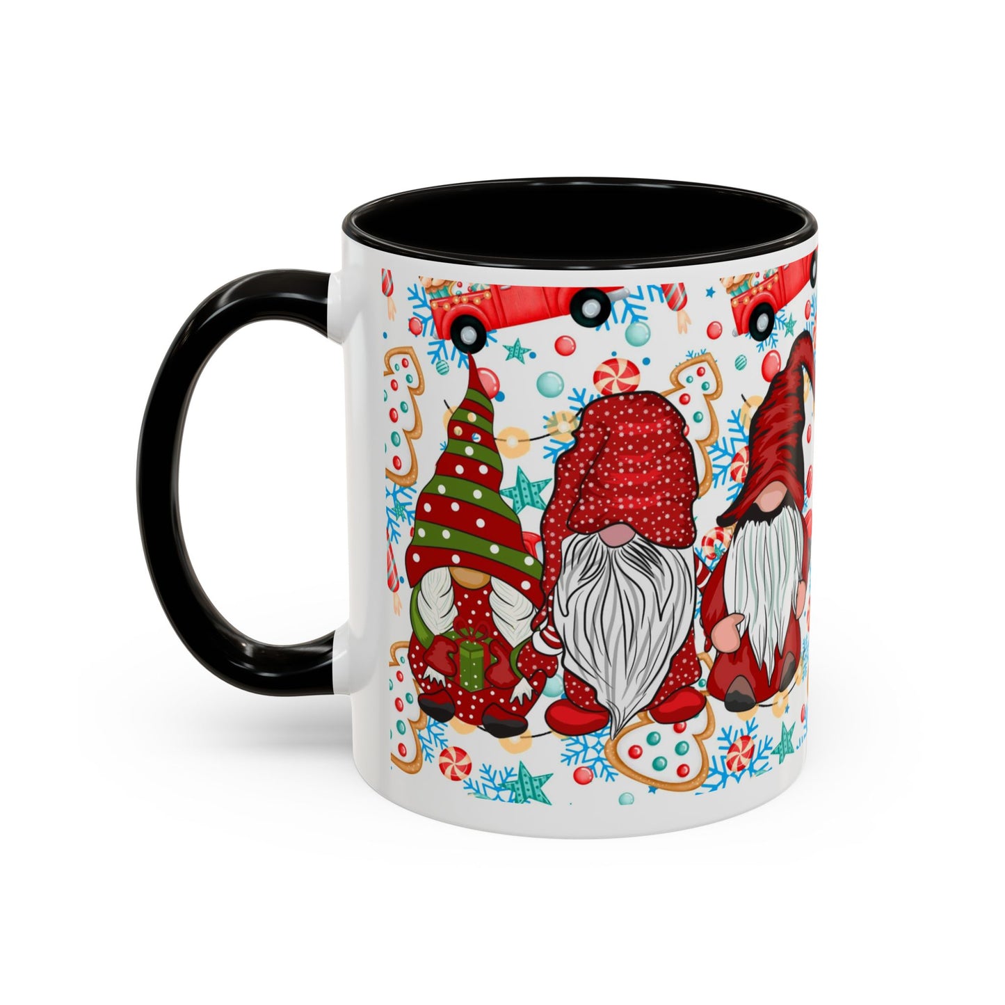 Festive Christmas gnome coffee mug with gingerbread design and snowflakes, perfect for holiday enjoyment.