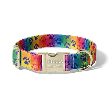 Rainbow Paw Dog Collar Personalized Engraved Name Adjustable Pet Collar Pride Paw Print Design RET-605-03