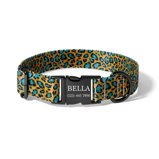 Teal Leopard Dog Collar – Personalized Vibrant Animal Print Collar RET-606-06