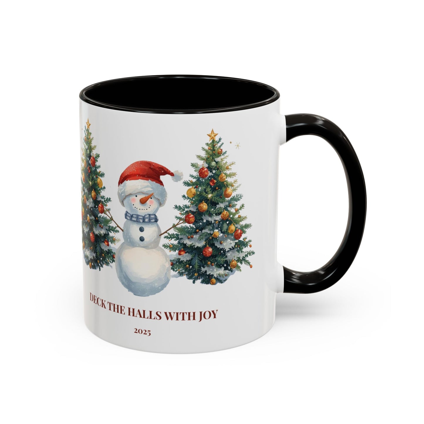 Festive snowman coffee mug featuring cheerful Christmas trees and a joyful holiday design.